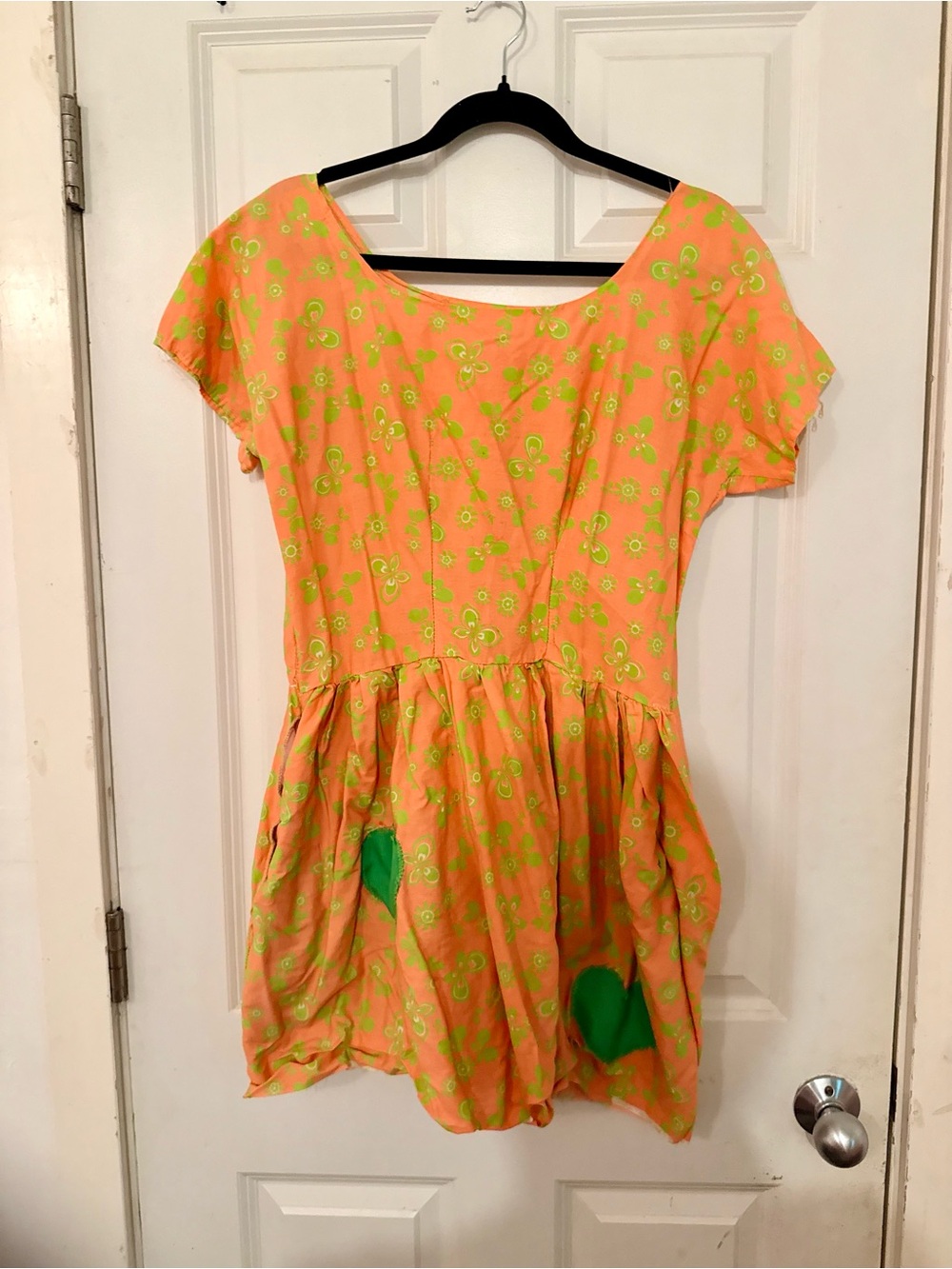 Handmade Upcycled Neon Orange Floral Play Dress with Green Accents